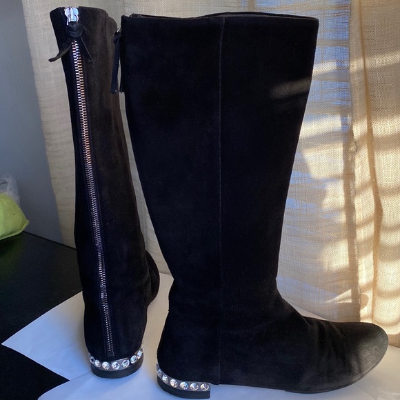 MIU MIU by Prada black suede below knee high boots crystal heels 36-6 zipper - Picture 1 of 12